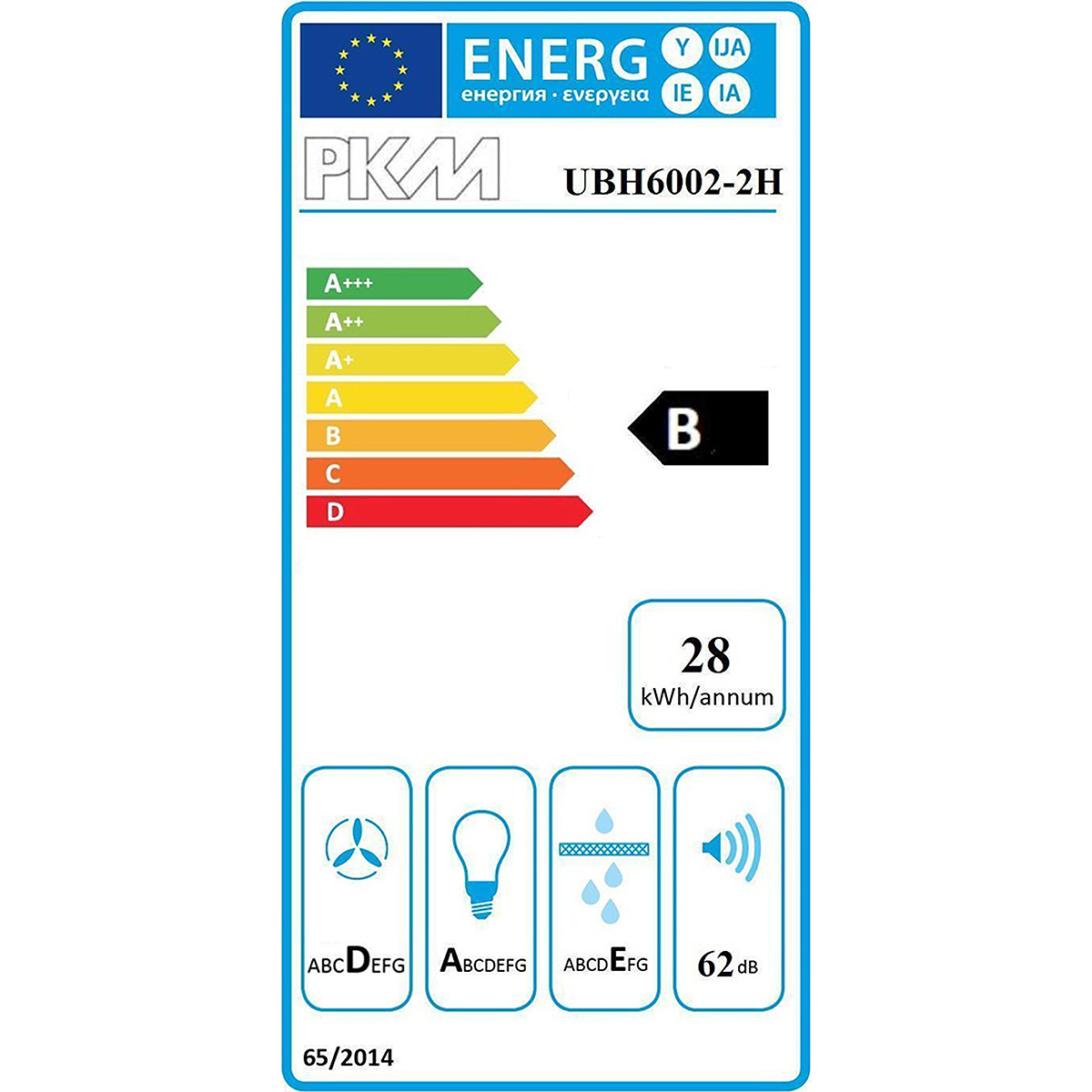 Ein Energielabel mit Bewertung B. Es zeigt verschiedene Symbole und Energieverbrauch.