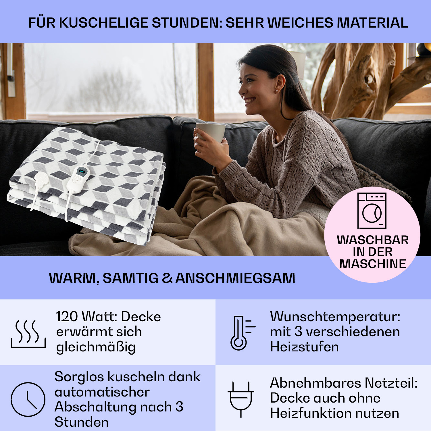 Frau auf Couch mit Heizdecke. Merkmale: Waschbar, 120W, 3 Heizstufen, Abschaltautomatik.