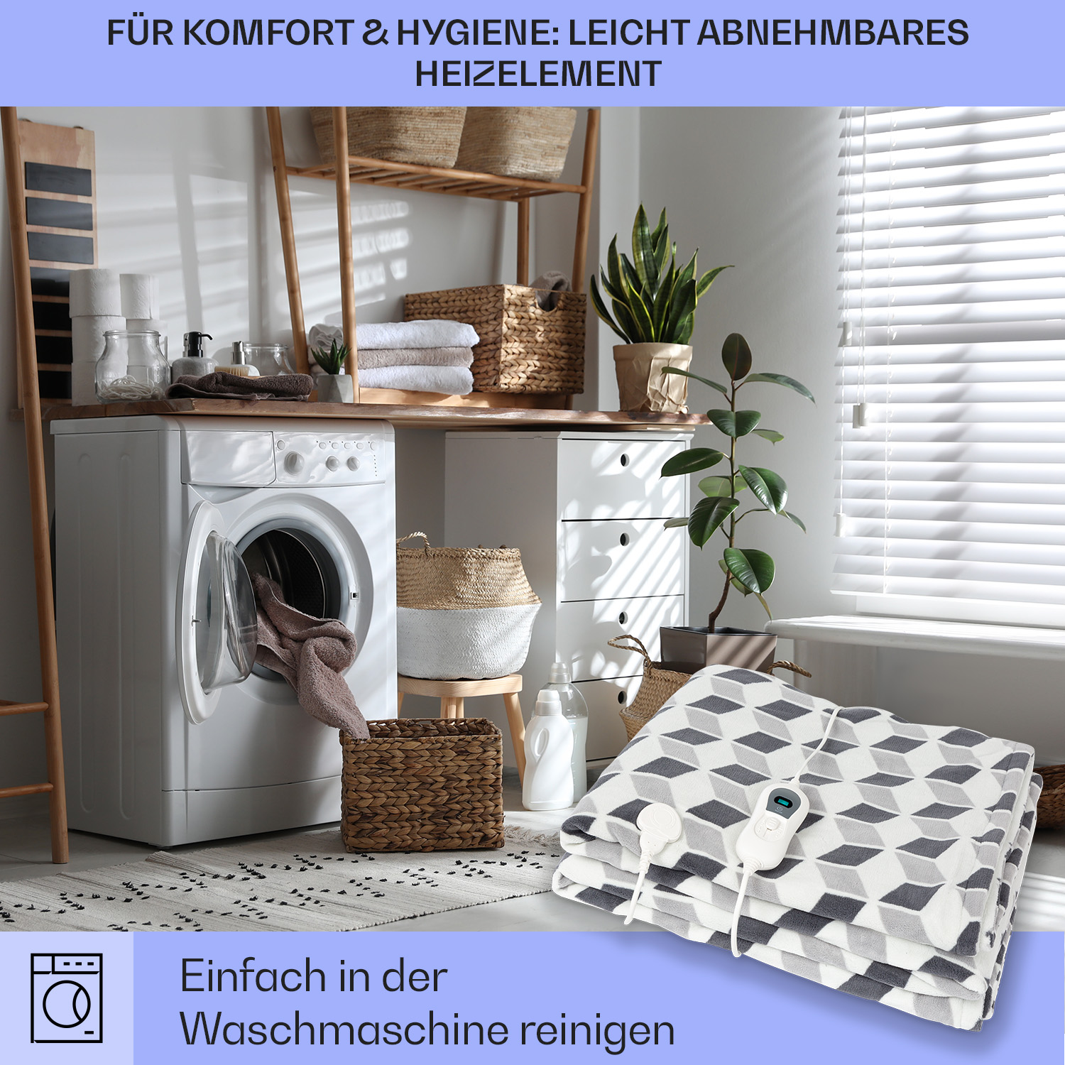 Waschküche mit Waschmaschine, Korb, Decke und Text zum Reinigen.