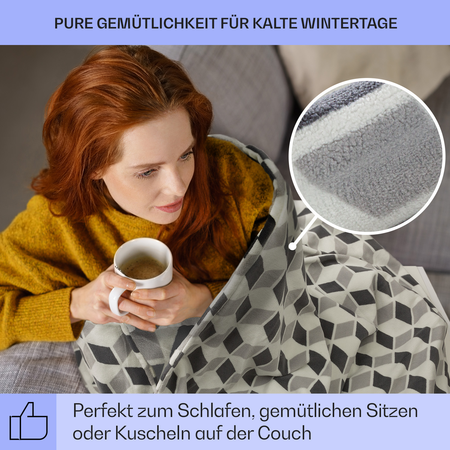 Frau in gelbem Pullover hält eine Tasse, in eine Decke gehüllt.