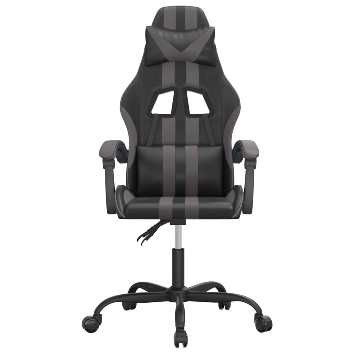 Schwarzer und grauer Gaming-Stuhl auf weißem Hintergrund. Der Stuhl hat eine hohe Rückenlehne.