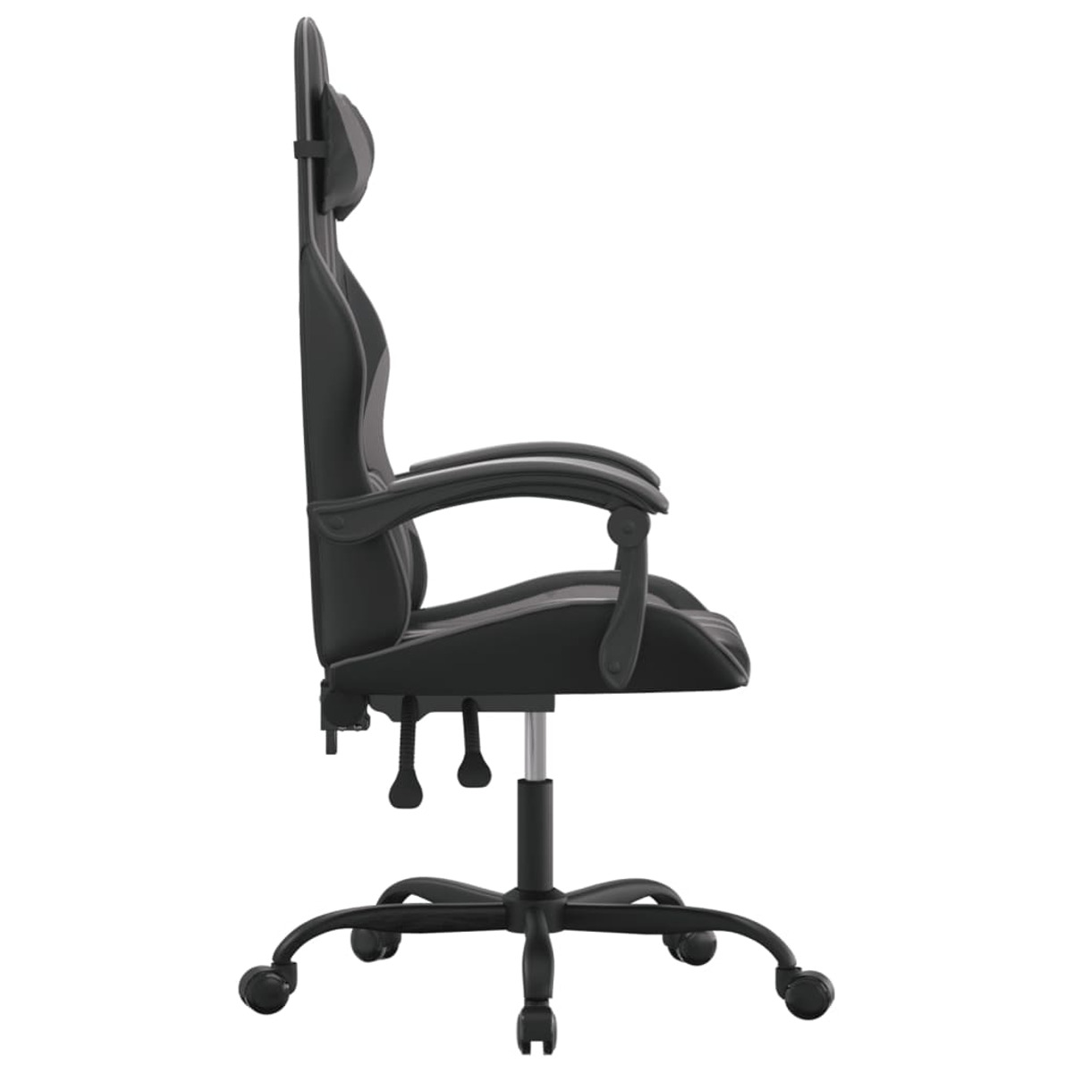 Schwarzer Gaming-Stuhl, Seitenansicht, mit Kopfstütze, Armlehnen und Rollen auf weißem Hintergrund.