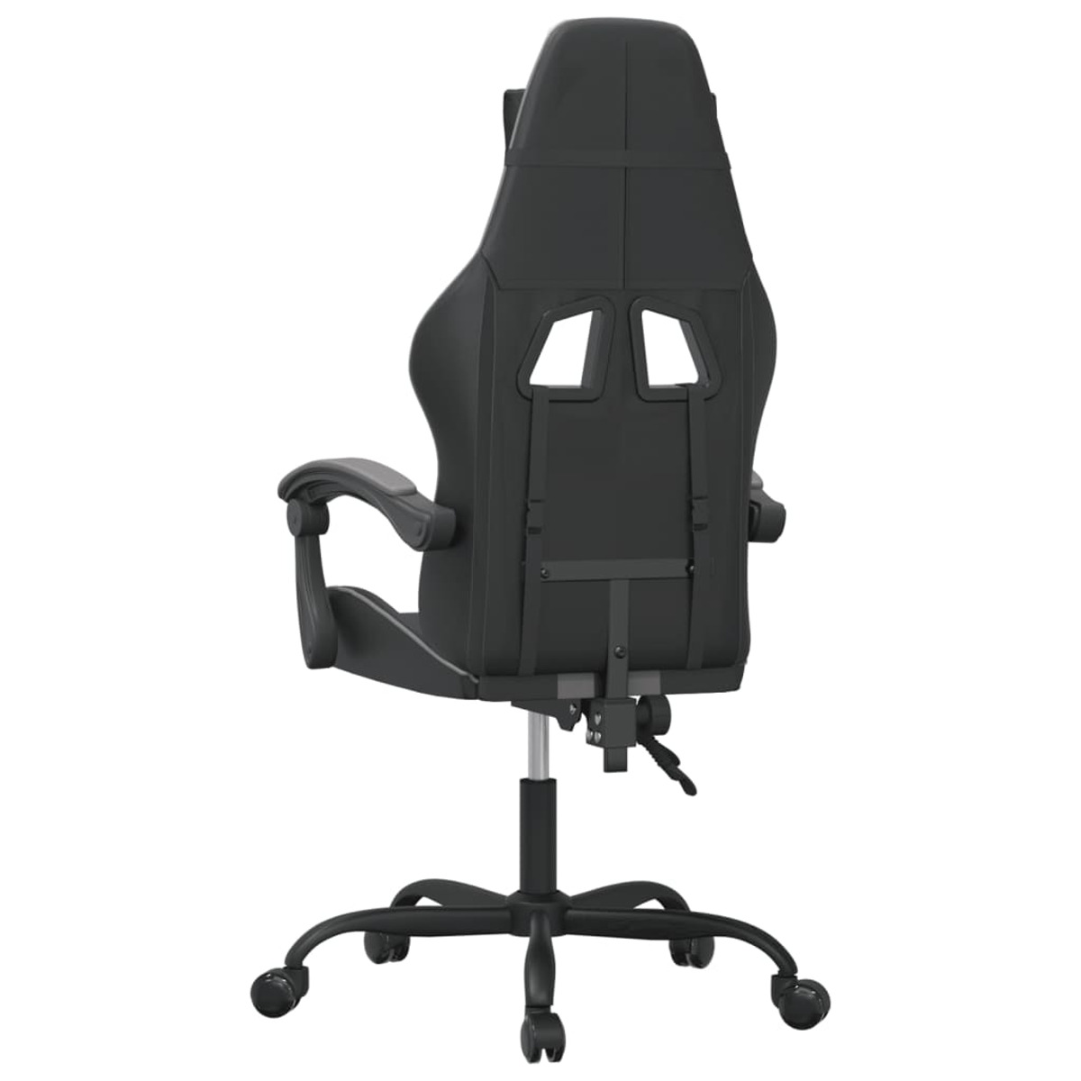 Ein schwarzer Gaming-Stuhl von hinten. Er hat eine hohe Rückenlehne mit Aussparungen und ein schwarzes Gestell mit Rollen.