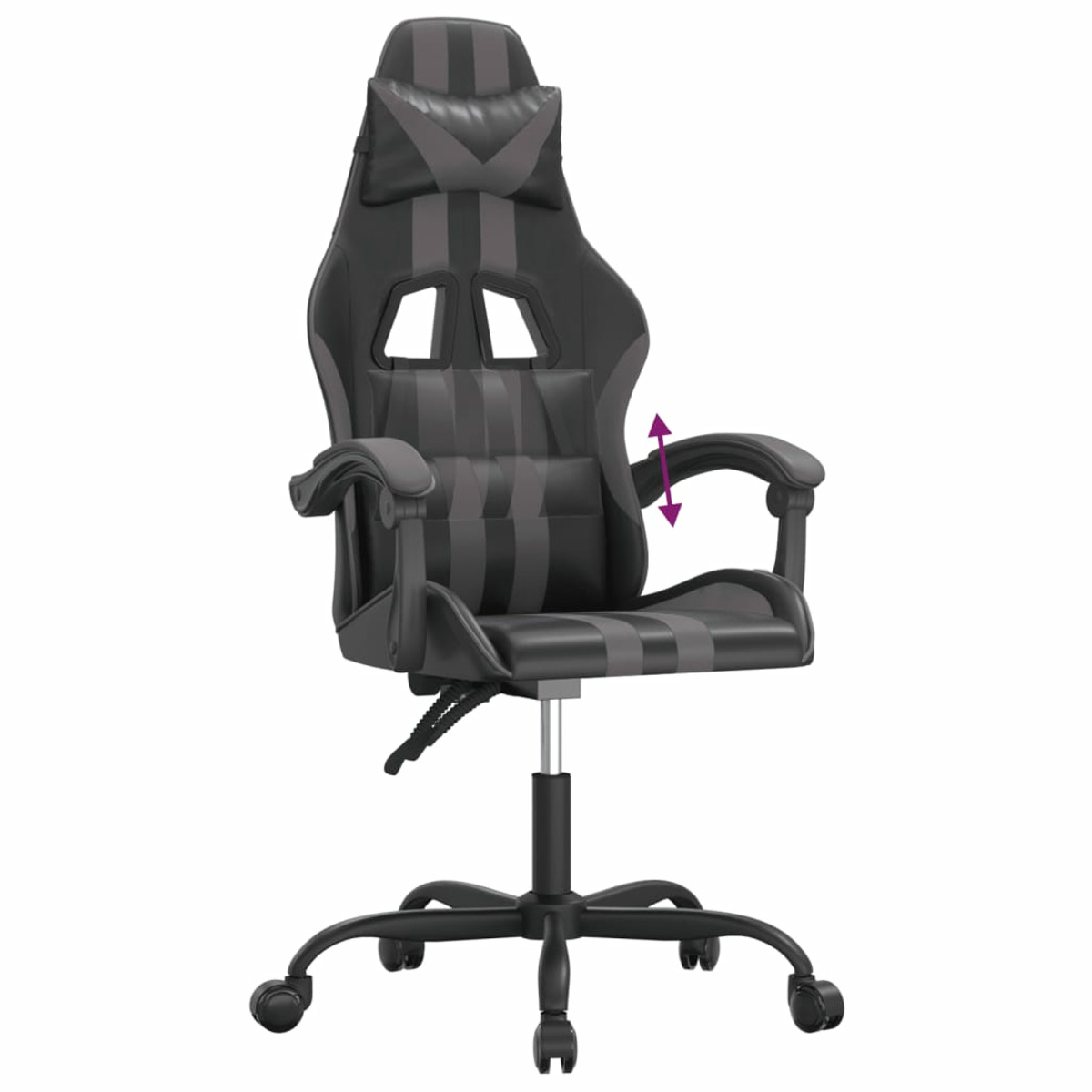 Schwarzer und grauer Gaming-Stuhl mit verstellbarer Armlehne und Kopfstütze auf weißem Hintergrund.