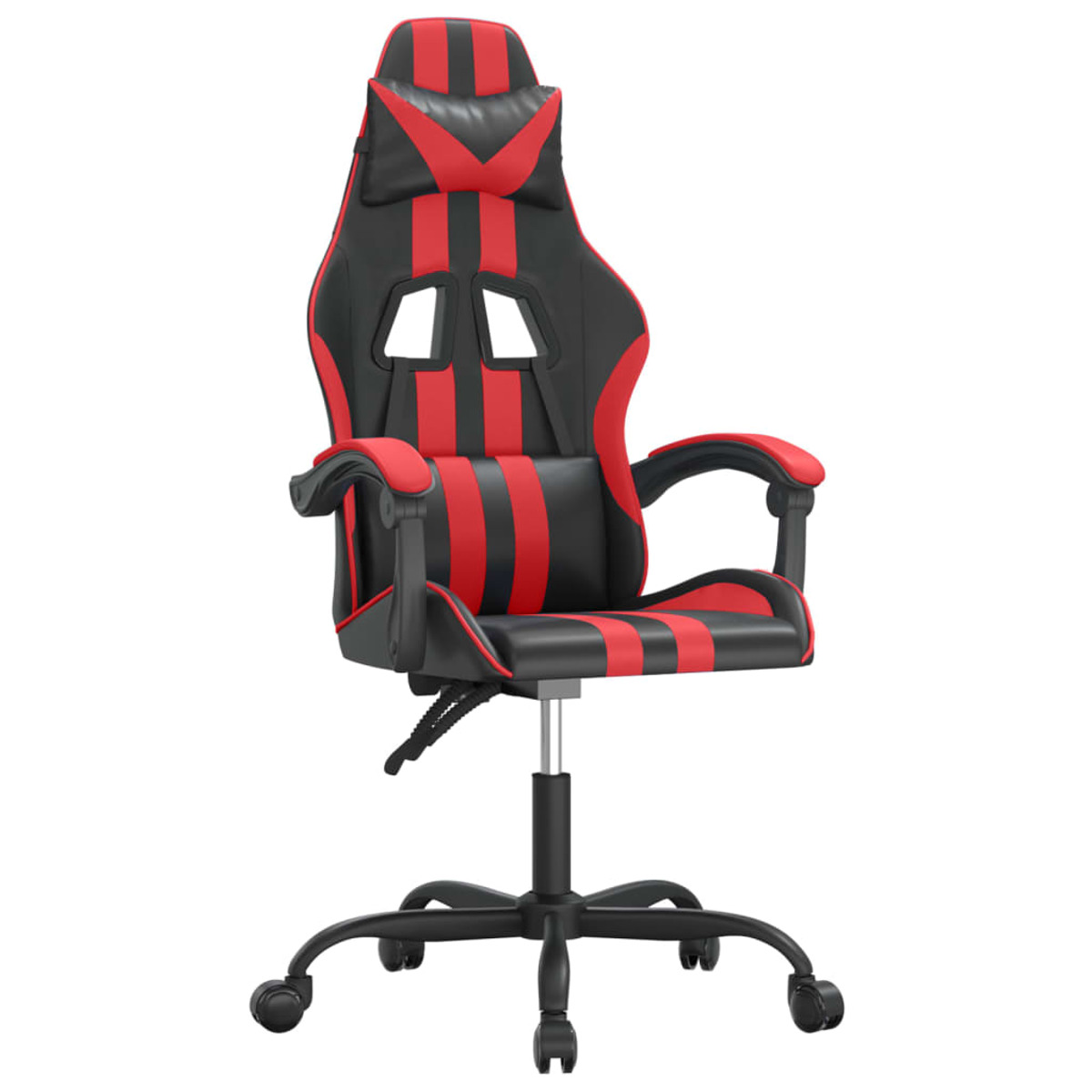 Ein schwarz-roter Gaming-Stuhl auf weißem Hintergrund.