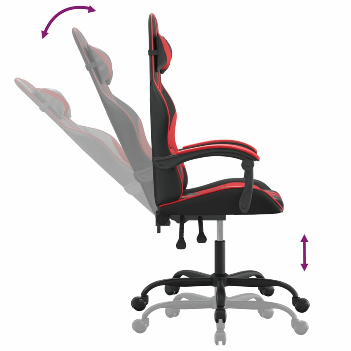 Schwarzer und roter Gaming-Stuhl im Profil, mit verstellbaren Funktionen.