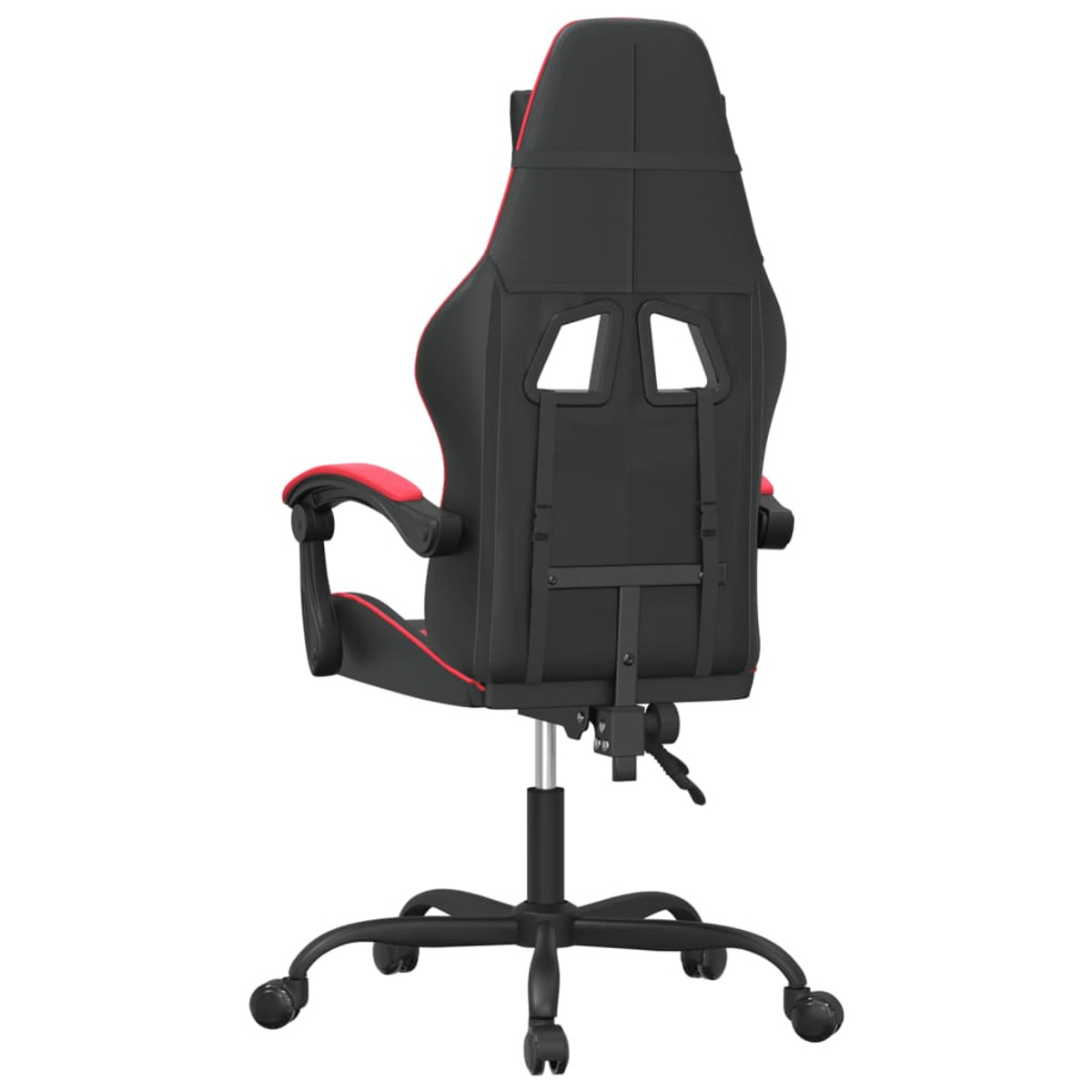 Gaming-Stuhl, schwarz mit roter Verkleidung. Die Rückseite ist abgebildet. Er hat ein schwarzes Fünf-Sterne-Gestell mit Rädern.