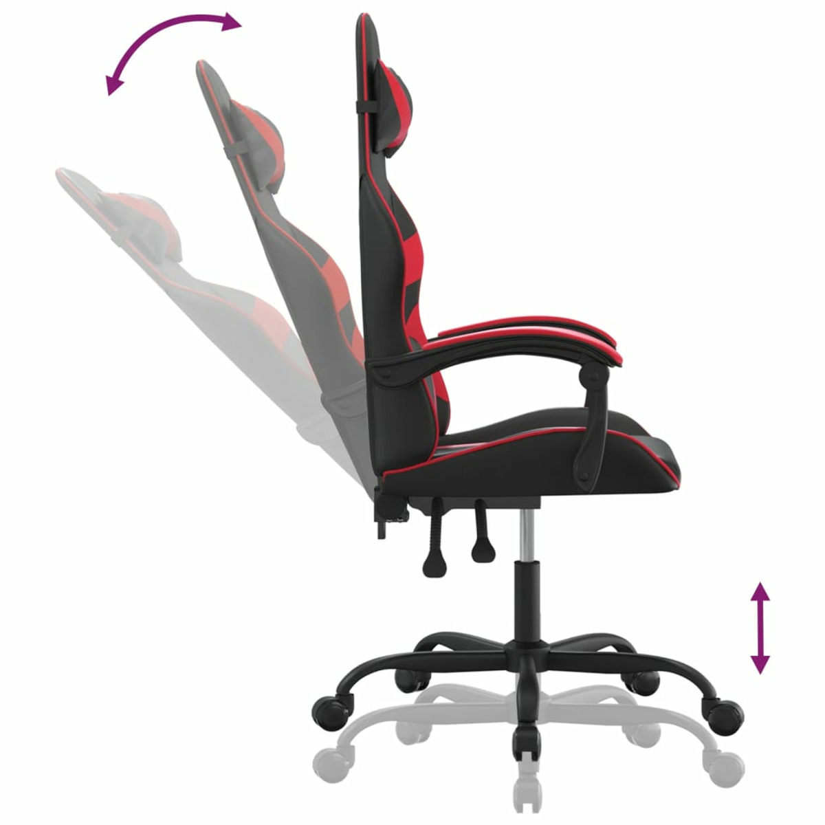 Ein schwarzer und roter Gaming-Stuhl wird von der Seite gezeigt, mit kippbarer Rückenlehne und höhenverstellbar.