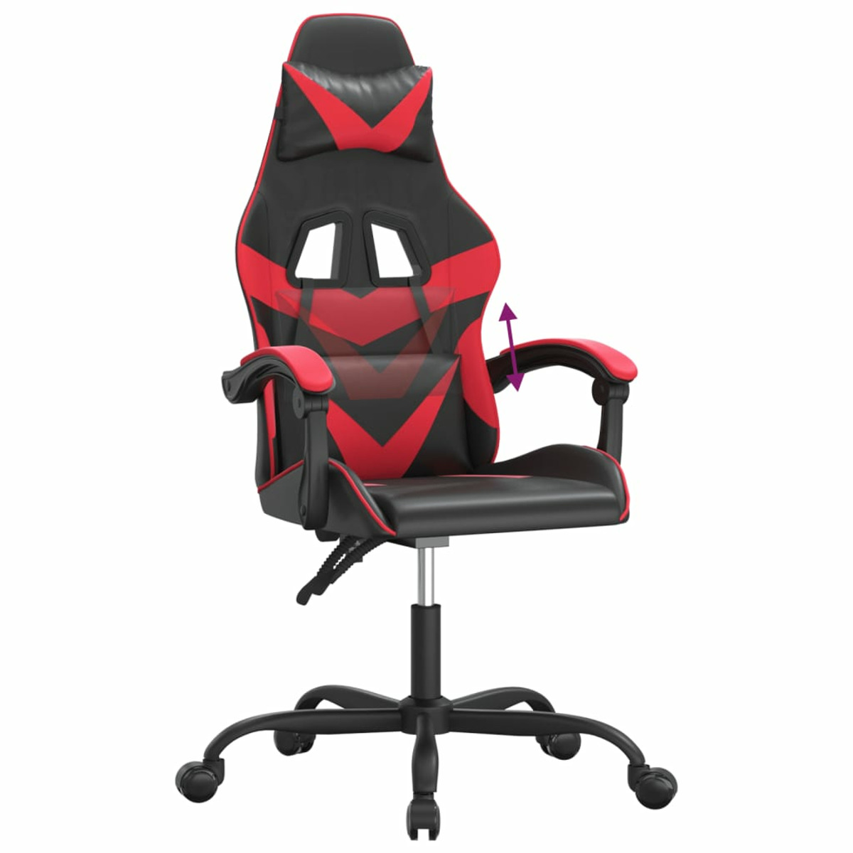 Roter und schwarzer Gaming-Stuhl, schwarzes Gestell, verstellbare Armlehne.