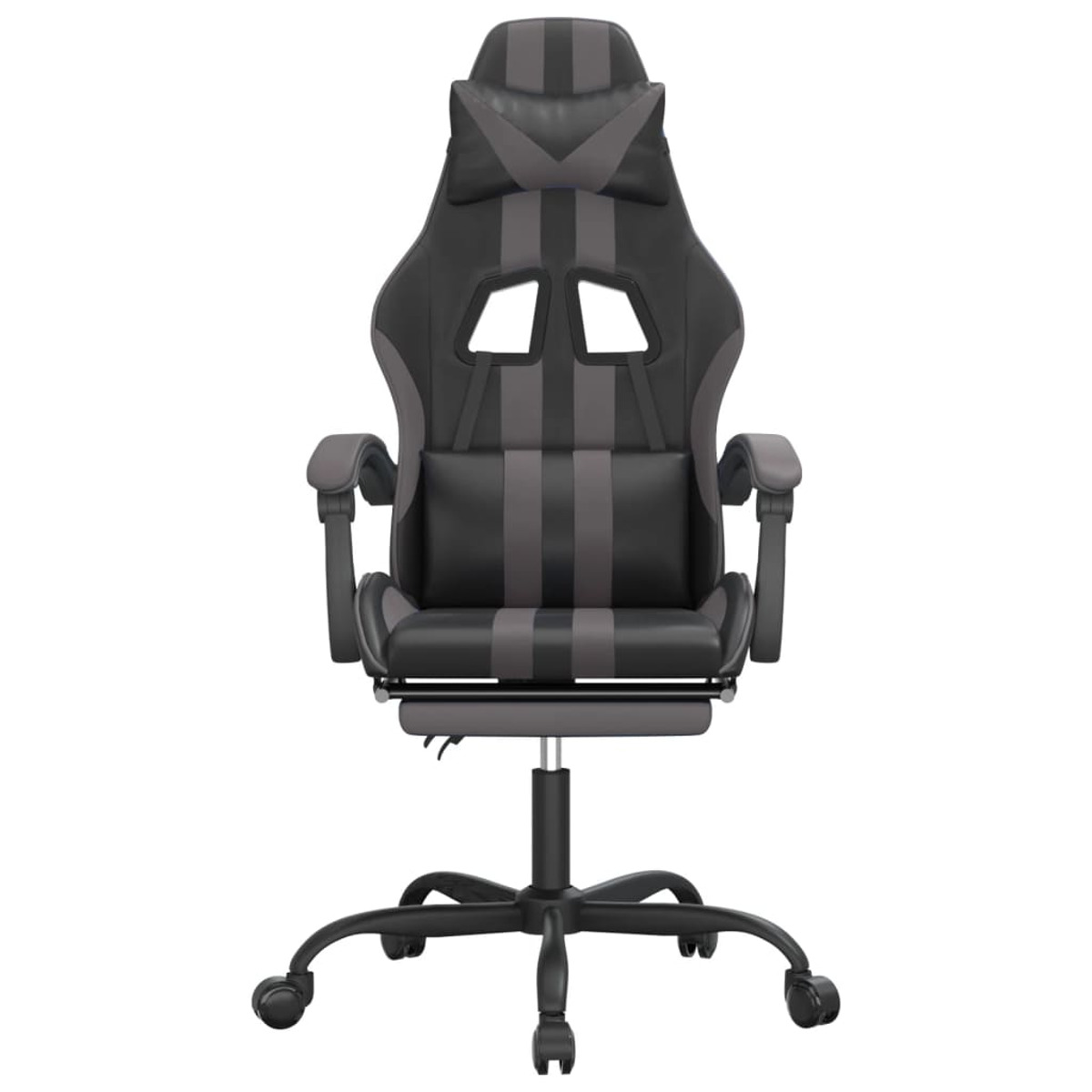 Schwarzer und grauer Gaming-Stuhl mit Kopfstütze, Armlehnen und Fußstütze, auf weißem Hintergrund.