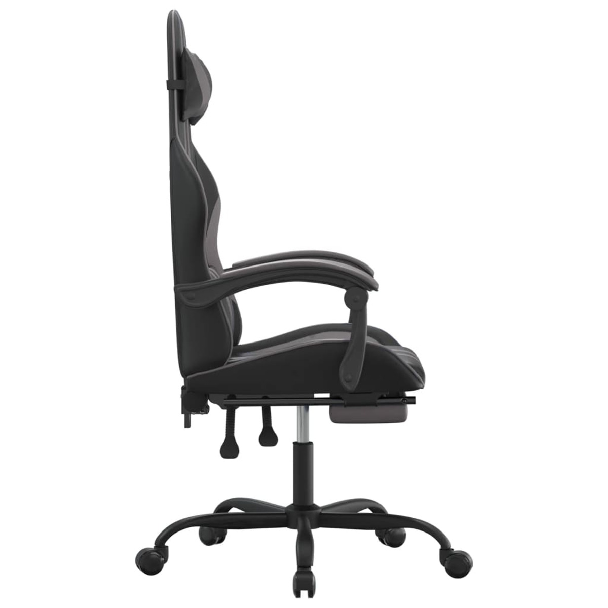 Gaming-Stuhl im Profil. Schwarz und grau mit Kopfstütze und Rollen.
