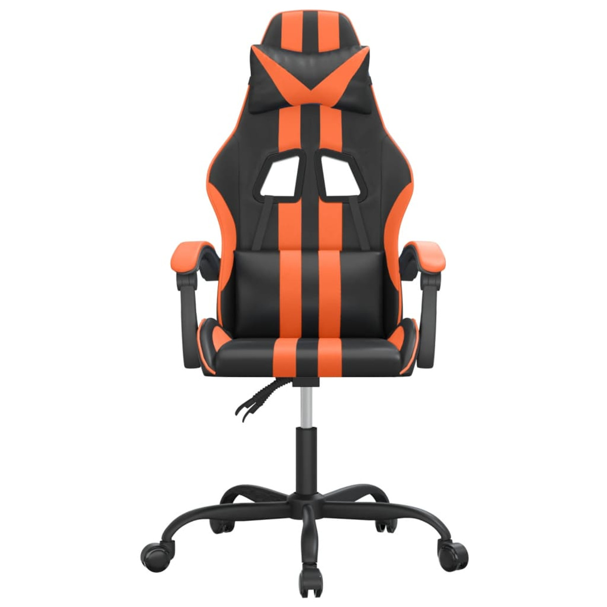 Ein schwarz-oranger Gaming-Stuhl mit Rollen, Frontansicht.