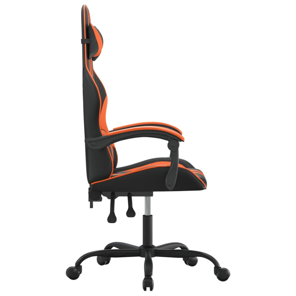 Ein schwarz-oranger Gaming-Stuhl von der Seite gesehen. Er hat Räder und eine hohe Rückenlehne.