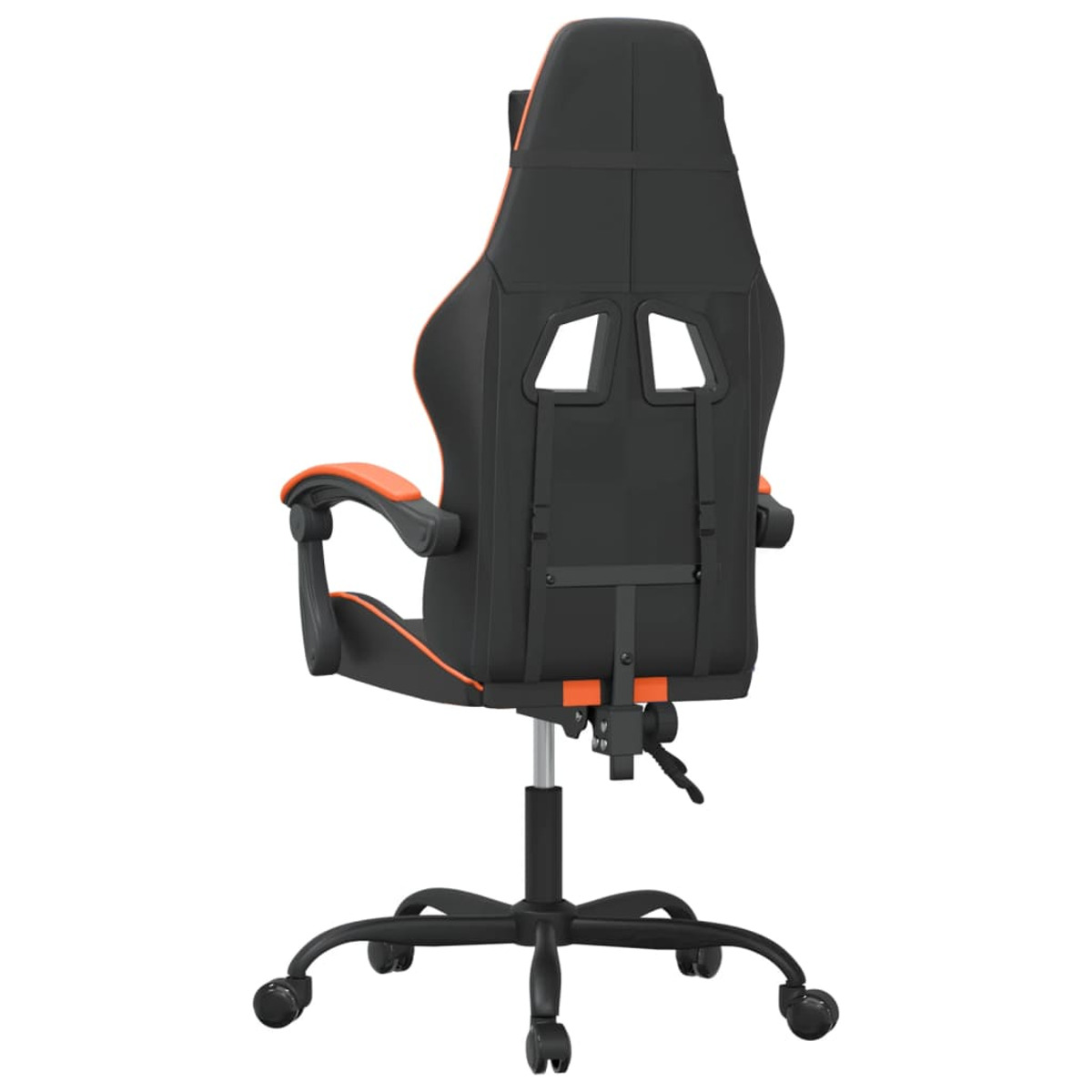 Schwarzer und orangefarbener Gaming-Stuhl, von hinten gesehen. Er hat eine Rückenlehne mit zwei Löchern und ein schwarzes Gestell.