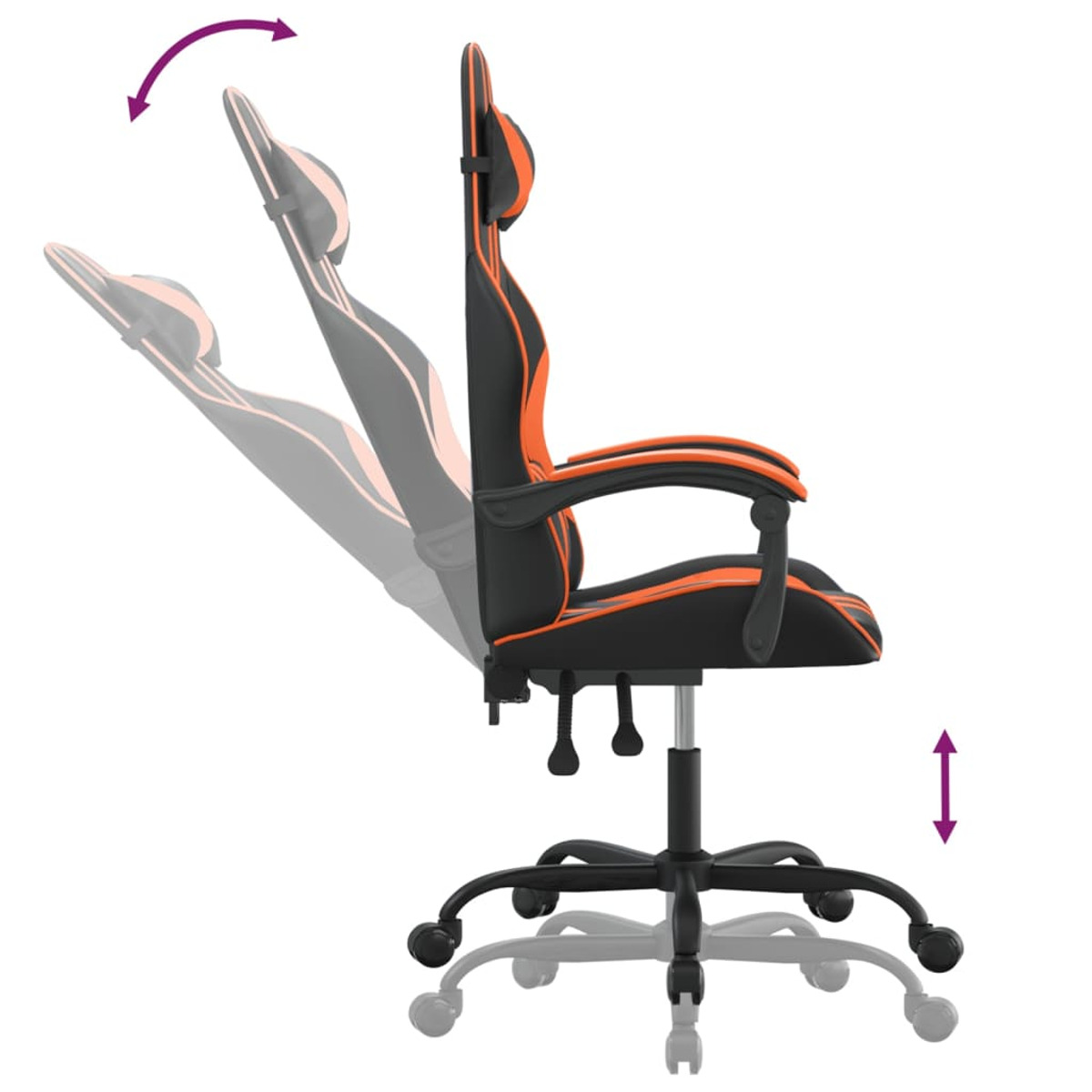 Schwarzer Gaming-Stuhl mit orangefarbenen Akzenten. Verstellbare Rückenlehne und Höhenpfeile. Weißer Hintergrund.