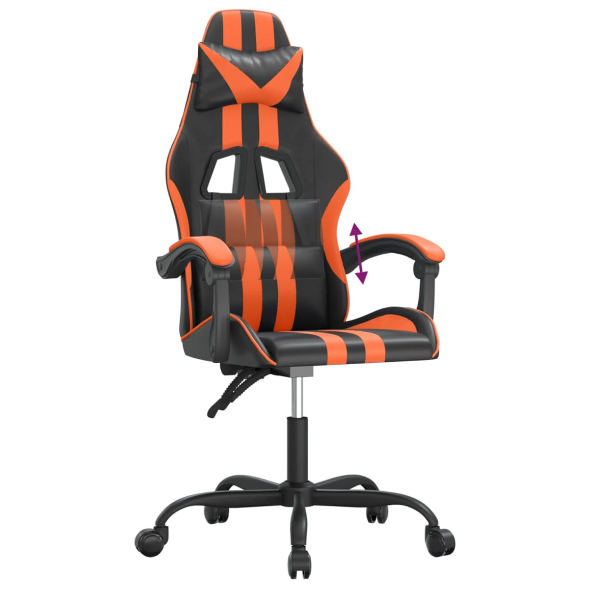 Gaming-Stuhl, schwarz und orange. Er hat verstellbare Armlehnen und Kopfstütze.