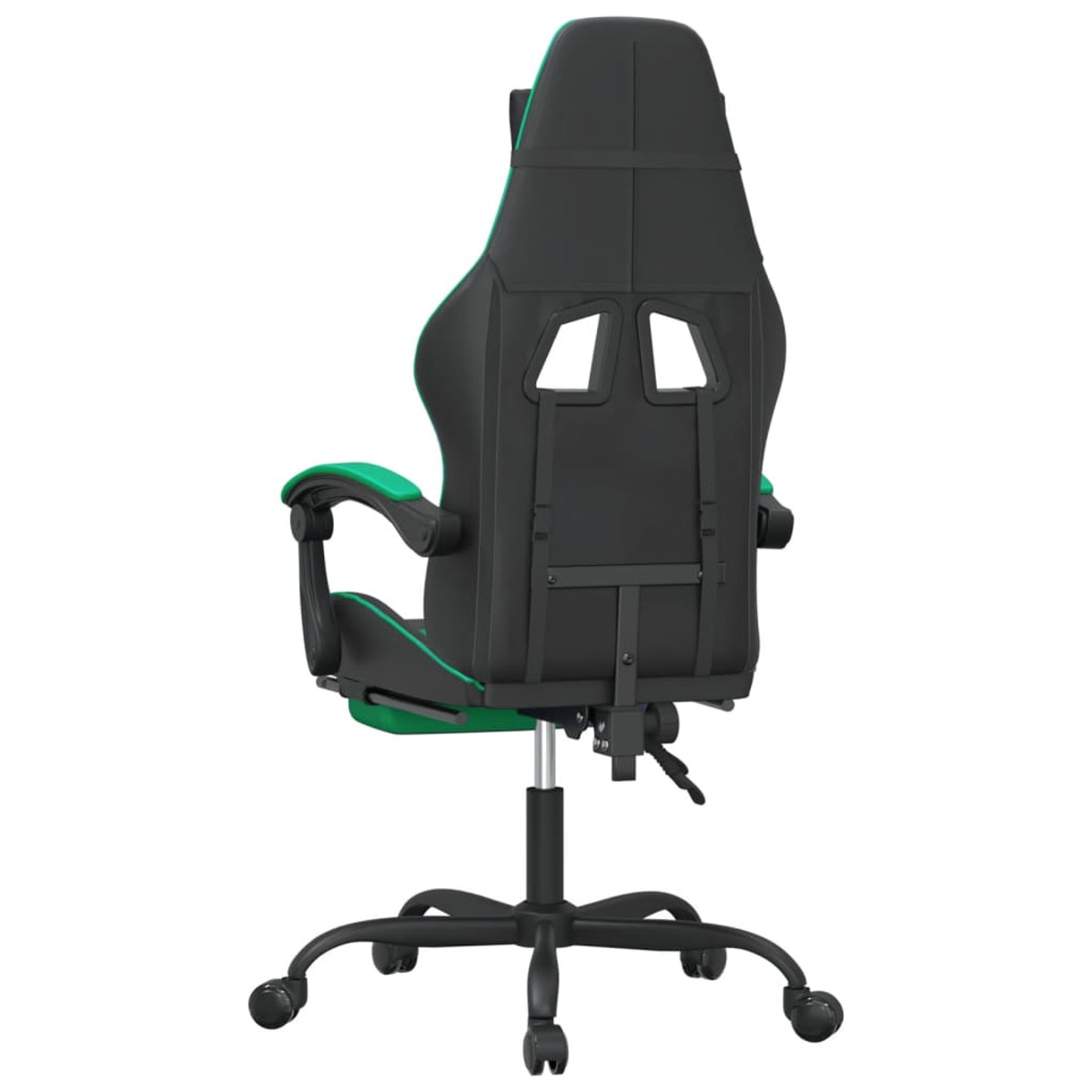 Gaming-Stuhl von hinten. Schwarz mit grünen Akzenten, Kopfstütze und Rollen auf schwarzem Fuß.