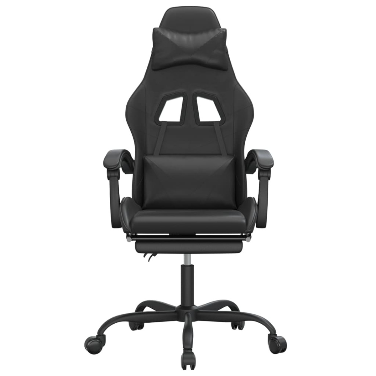 Schwarzer Gaming-Stuhl mit Kopfstütze, Armlehnen und Fünf-Rollen-Fuß.