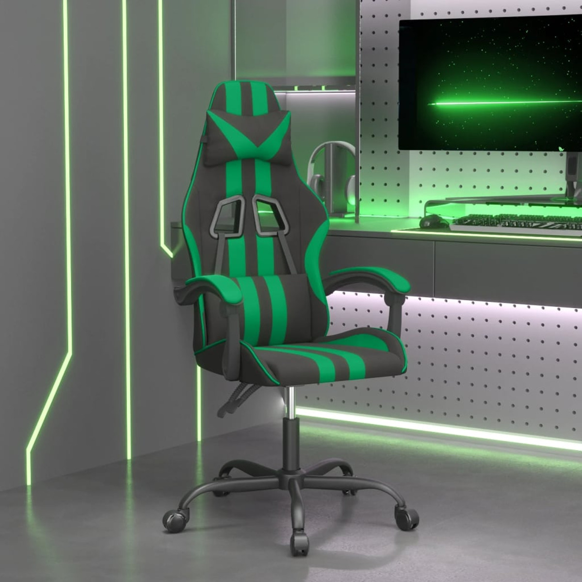 Grüner und schwarzer Gaming-Stuhl in einem Raum mit neongrünen Linien an den Wänden.