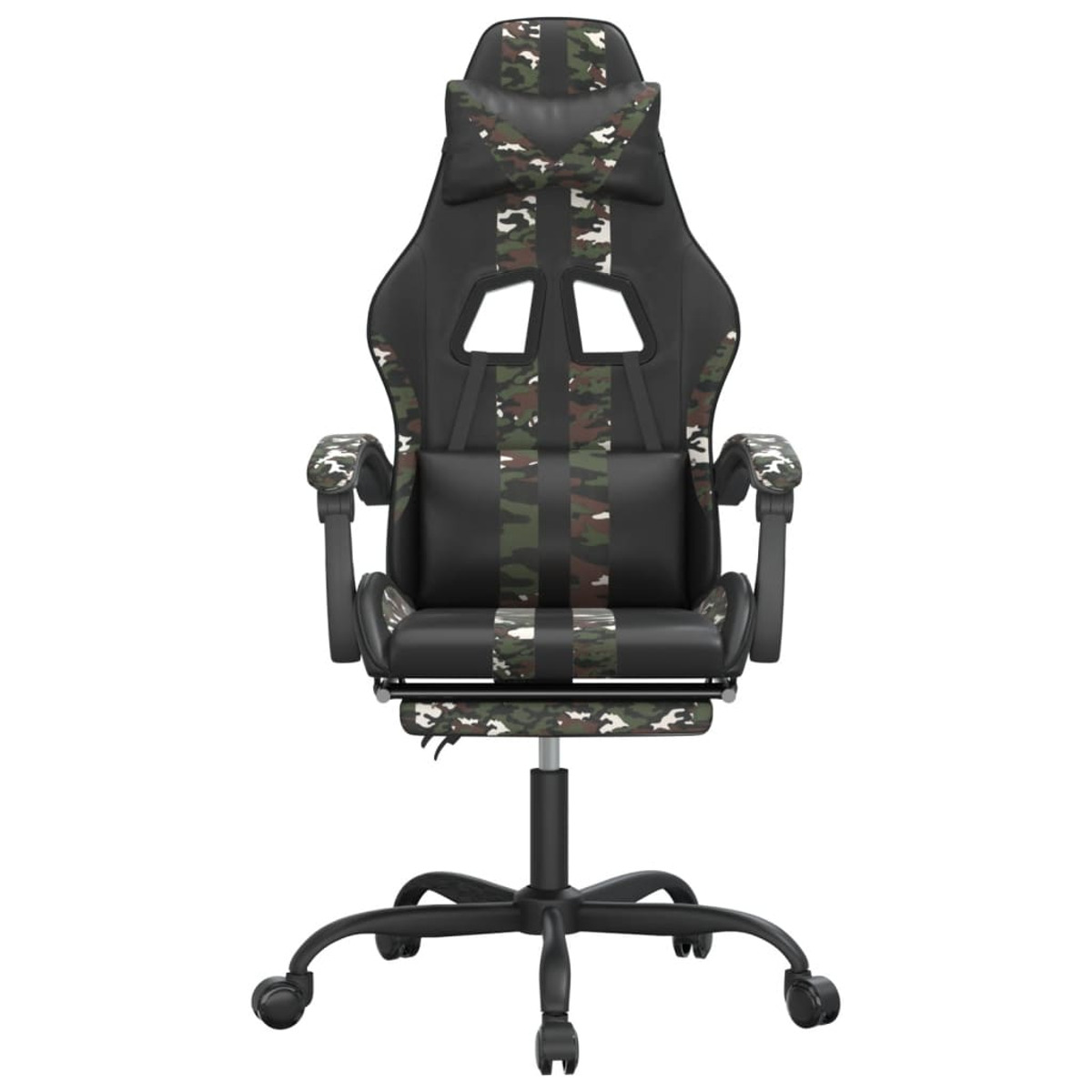 Ein Gaming-Stuhl in Camouflage-Optik mit schwarzem Gestell und Armlehnen.