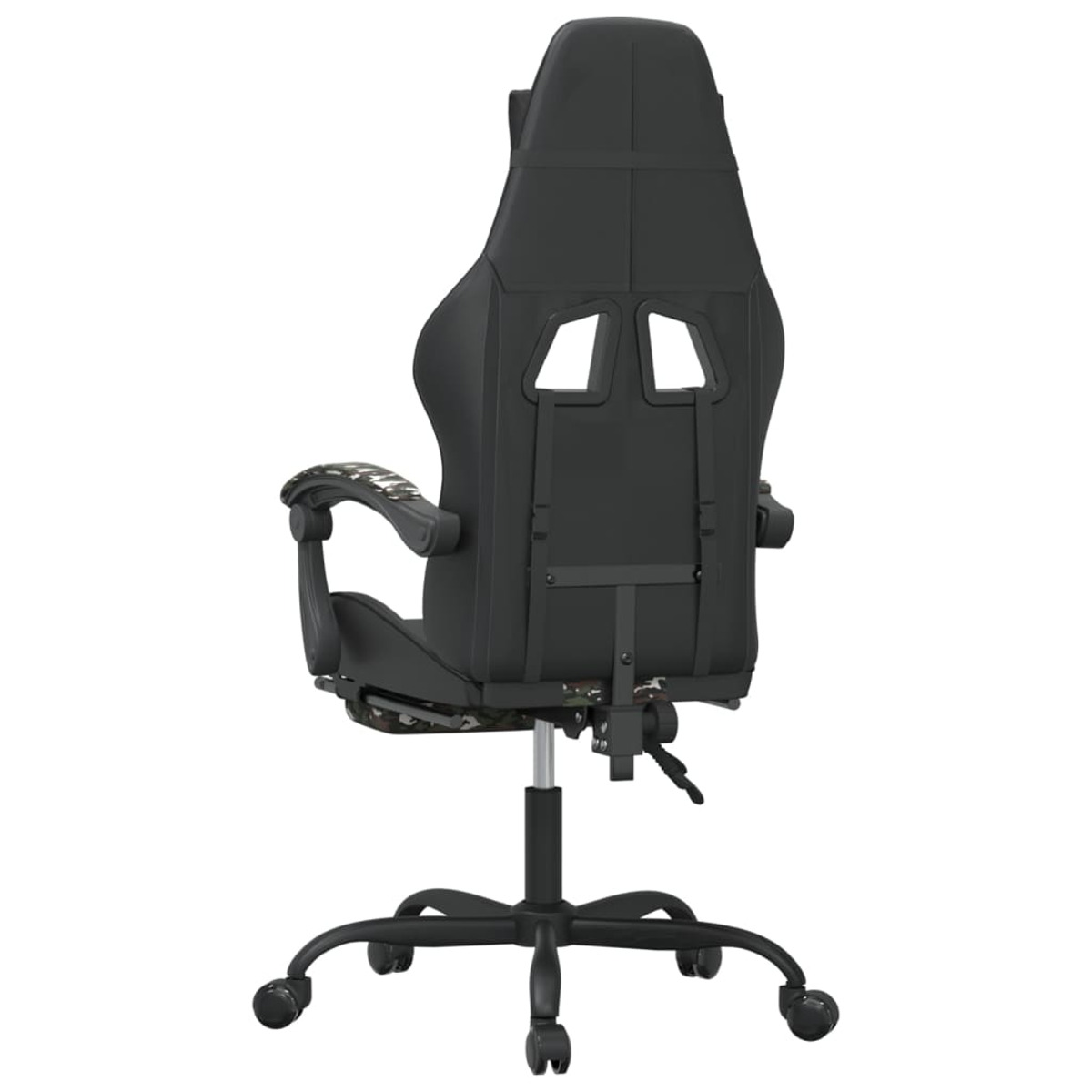 Schwarzer Gaming-Stuhl, Rückansicht. Merkmale: hoher Rücken, Armlehnen und schwarzes Gestell mit Rädern.