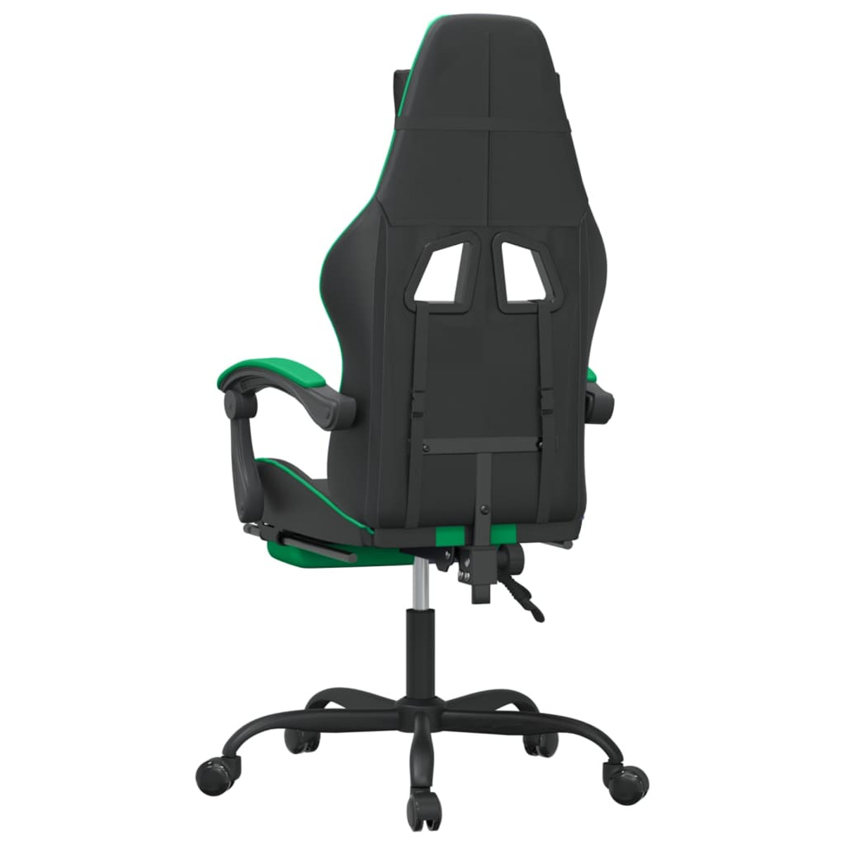 Rückansicht eines schwarz-grünen Gaming-Stuhls auf Rädern, mit grünen Akzenten und schwarzem Sockel.