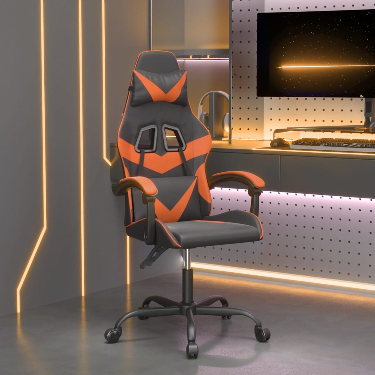 Orangener und schwarzer Gaming-Stuhl mit schwarzem Gestell. Es ist in einem Gaming-Raum.