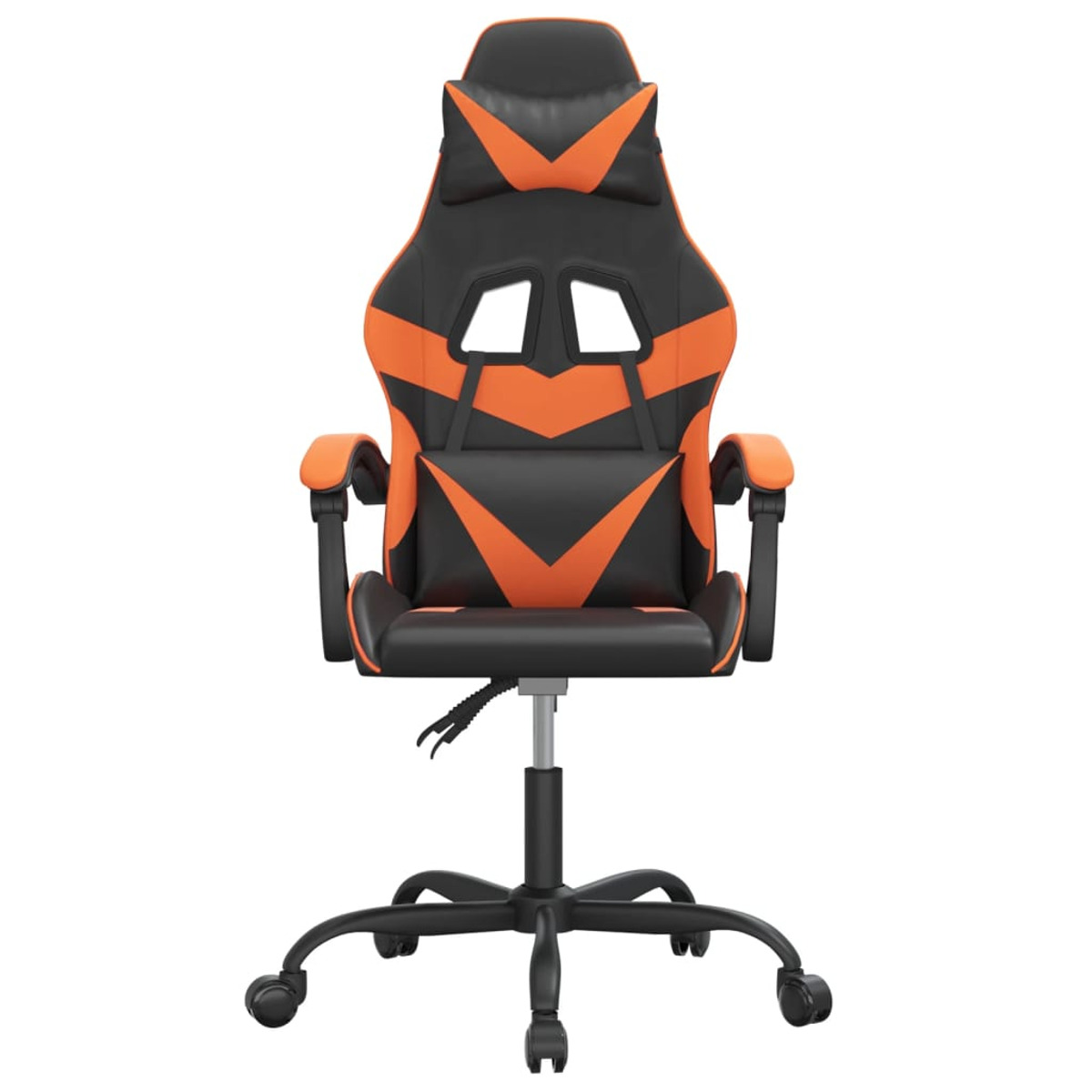 Gaming-Stuhl, schwarz mit orangefarbenen Akzenten, Vorderansicht.