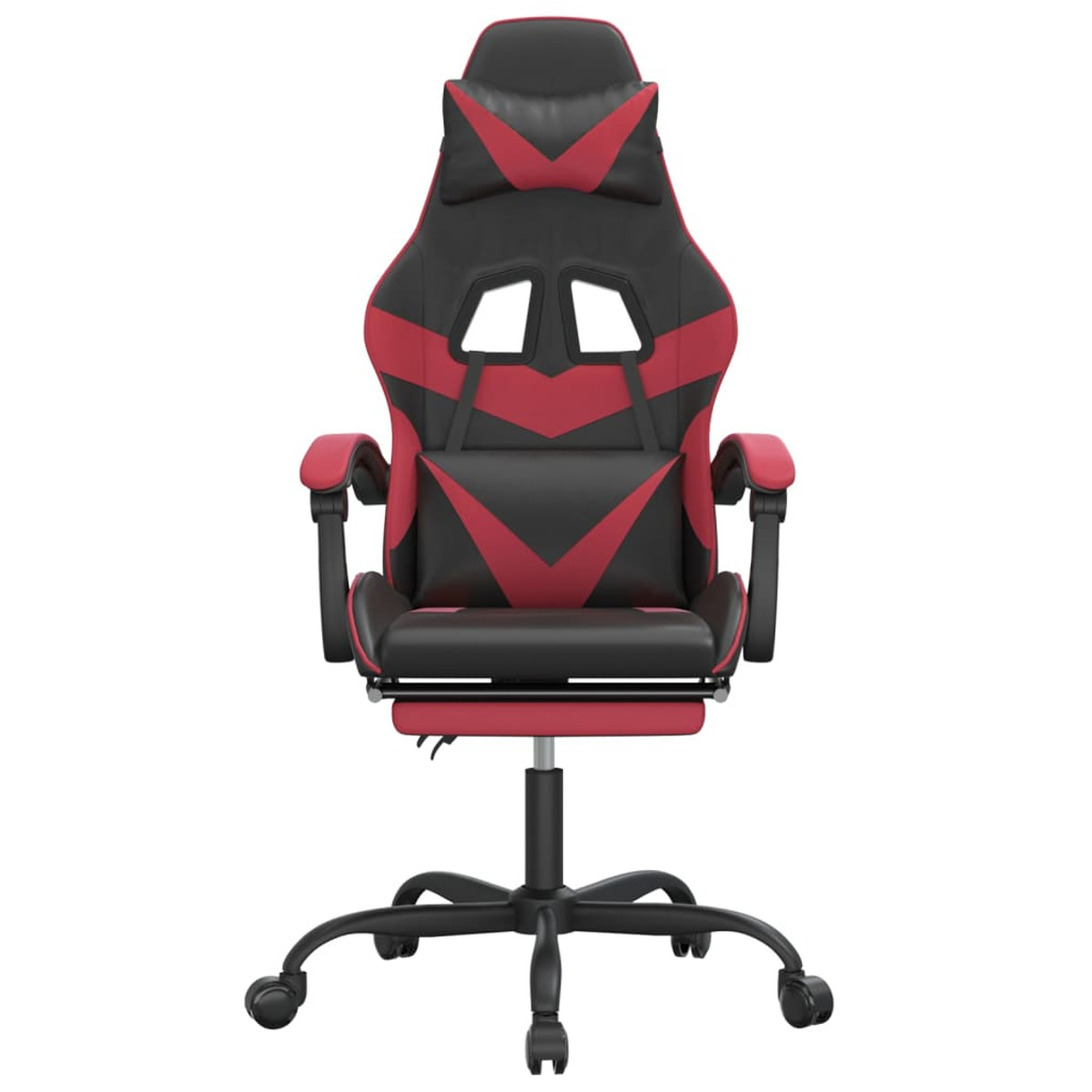 Ein rot-schwarzer Gaming-Stuhl. Er hat eine hohe Rückenlehne, Kopfstütze, Armlehnen und ein Fünf-Punkt-Gestell mit Rädern.