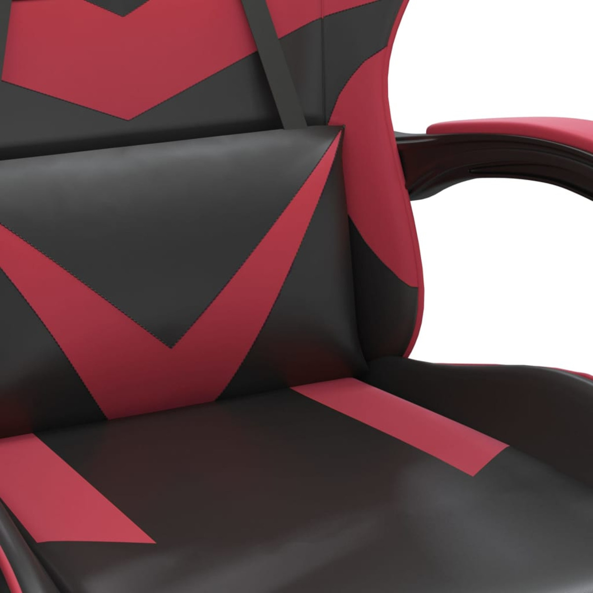 Nahaufnahme eines rot-schwarzen Gaming-Stuhls. Schwarzer Sitz und Rücken, rote Akzente, weißer Hintergrund.