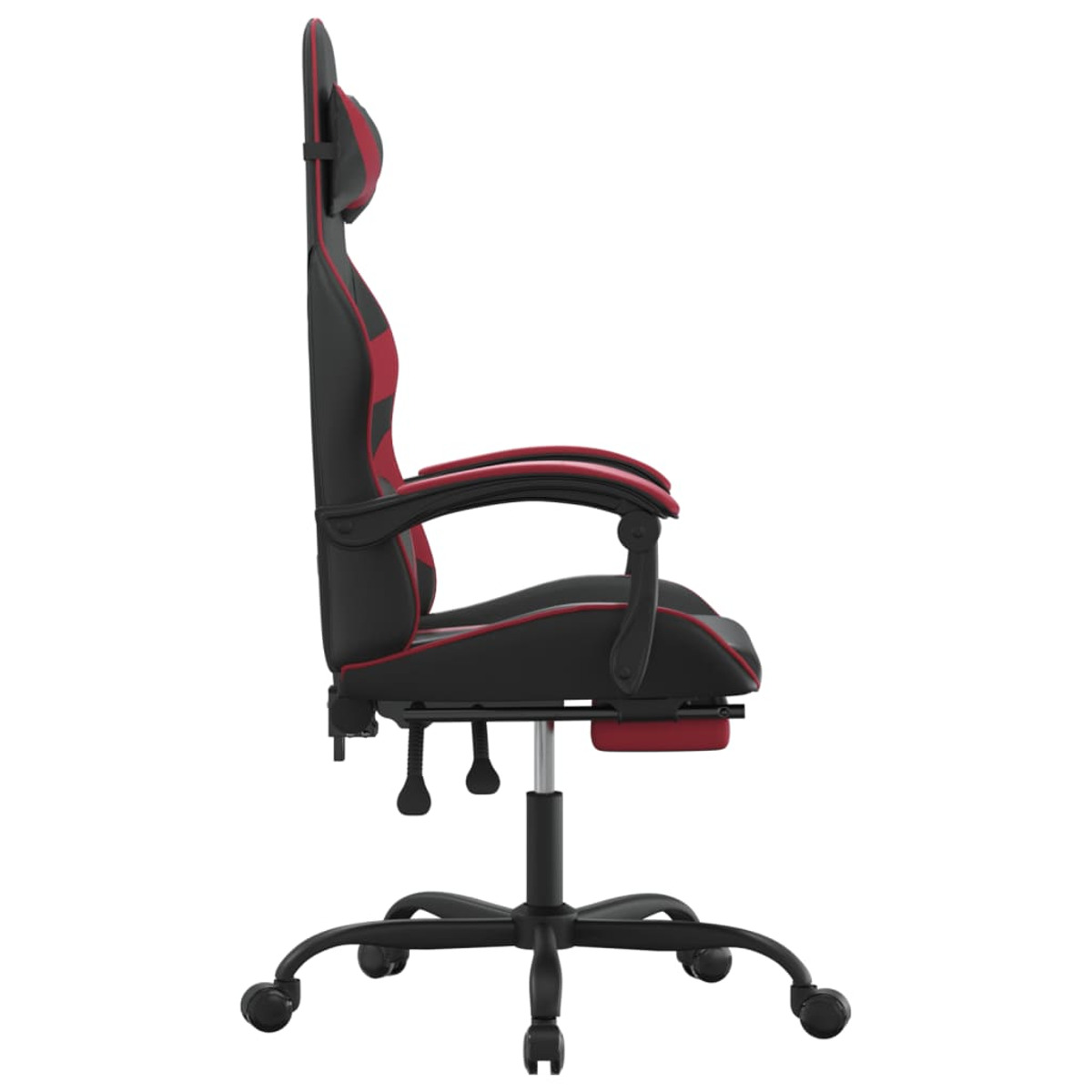 Seitenansicht eines schwarzen und roten Gaming-Stuhls auf schwarzer Fünf-Sterne-Basis.