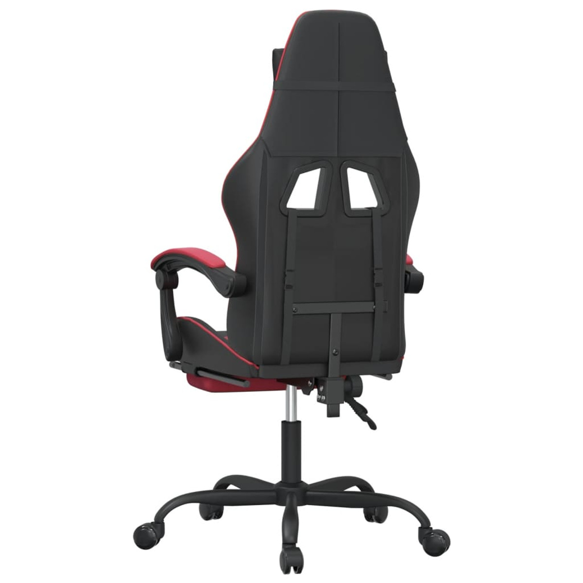 Gaming-Stuhl von hinten. Schwarz mit roten Akzenten. Schwarzes Gestell, weißer Hintergrund.