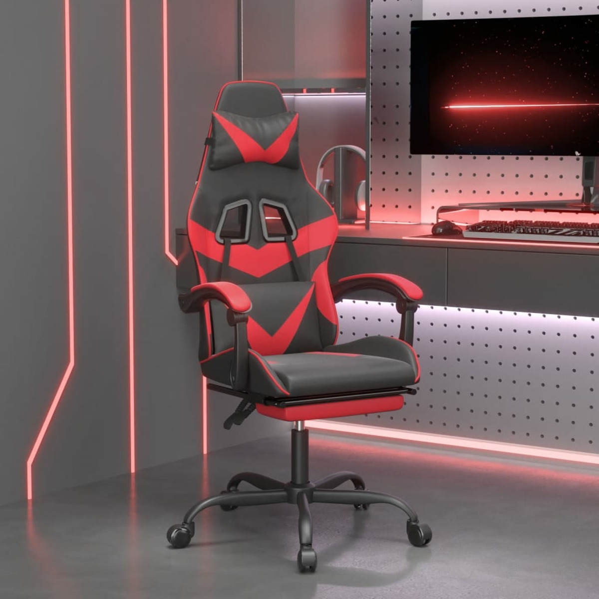 Ein roter und schwarzer Gaming-Stuhl in einem modernen Raum mit roten Neonlichtern.