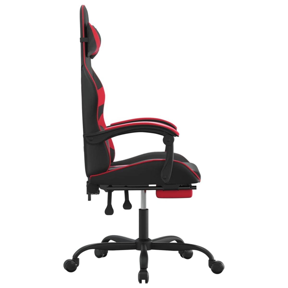 Roter und schwarzer Gaming-Stuhl im Profil, zeigt Kopfstütze, Armlehnen, Sitz und Untergestell mit Rädern.