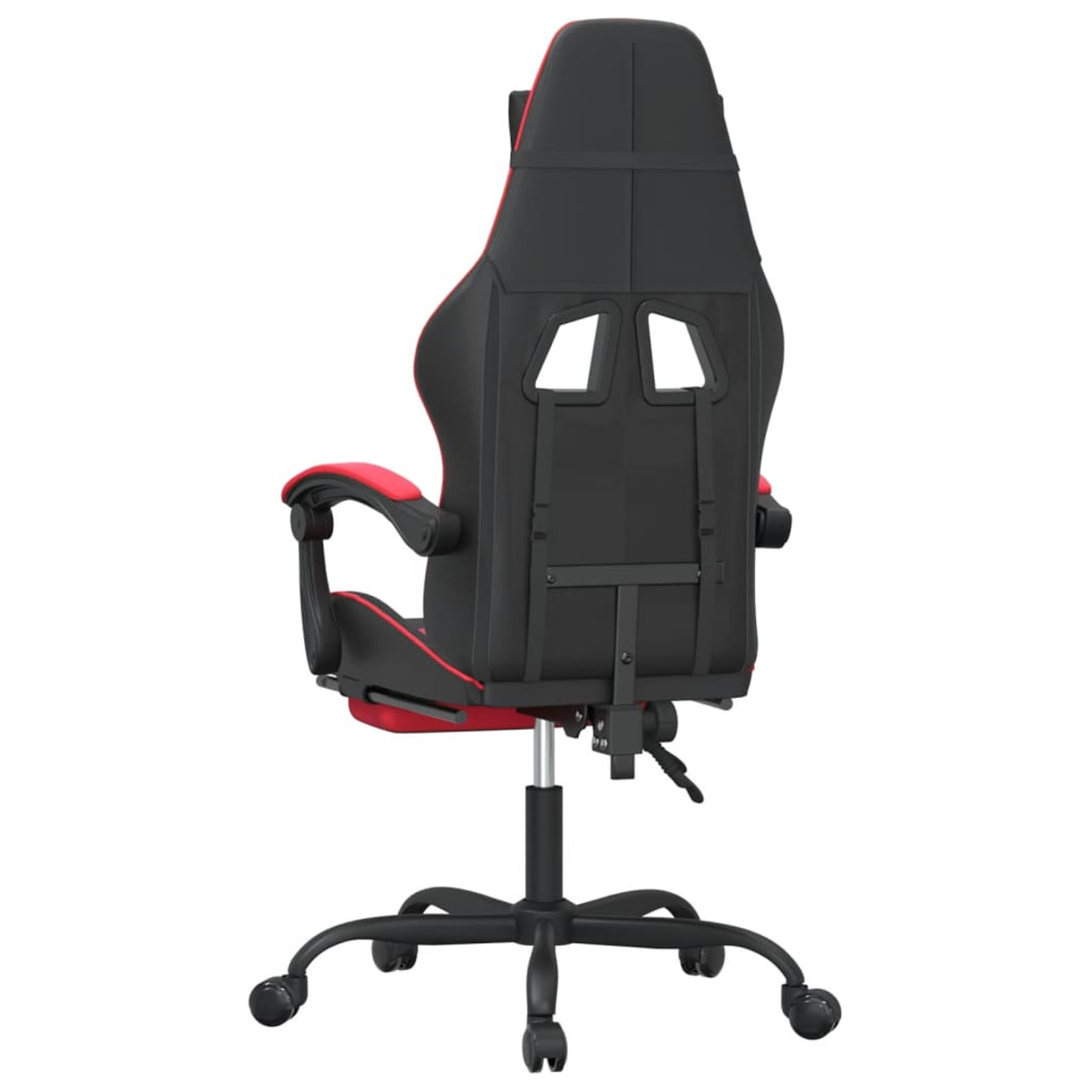 Rückansicht eines Gaming-Stuhls. Schwarz mit roten Akzenten. Er hat eine Kopfstütze, Rückenlehne und ein schwarzes Gestell.