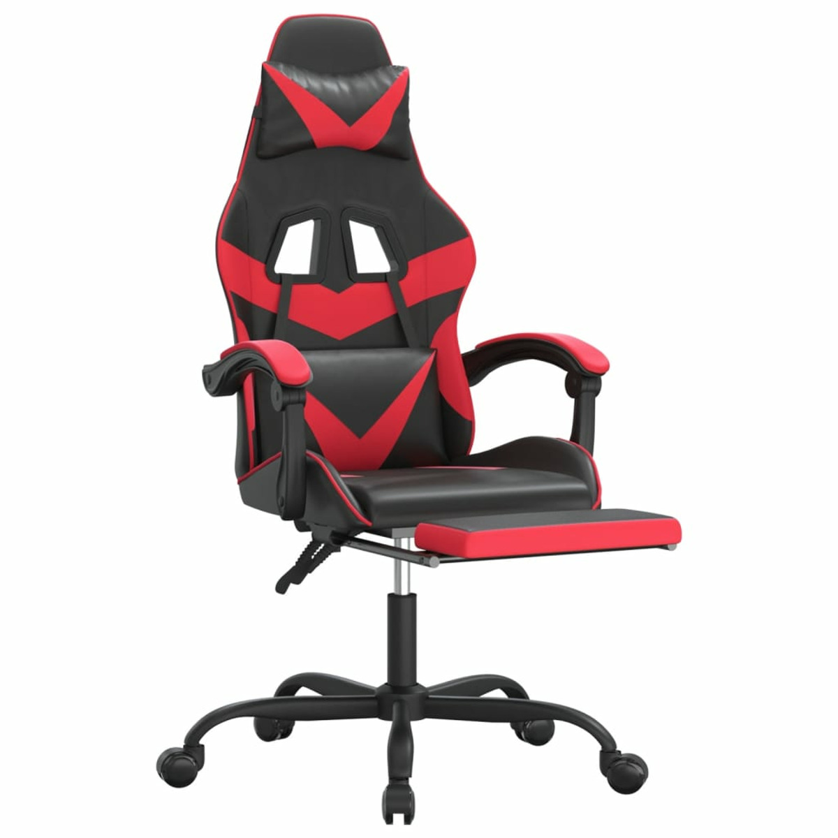 Ein rot-schwarzer Gaming-Stuhl mit Fußstütze, zeigt Rücken, Armlehnen und Untergestell mit Rollen.