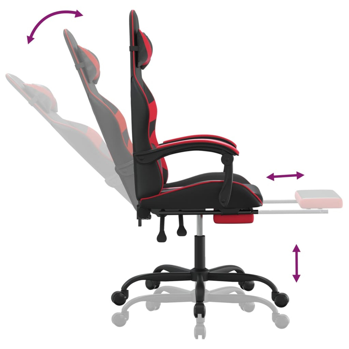 Gaming-Stuhl in Rot und Schwarz, mit verstellbarer Rückenlehne, Armlehne und Fußstütze, auf weißem Hintergrund.