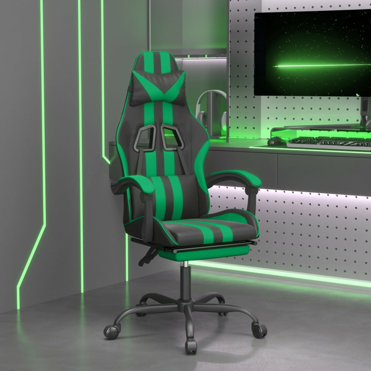 Gaming-Stuhl mit grünen und schwarzen Akzenten. Im Hintergrund ein Gaming-Setup.