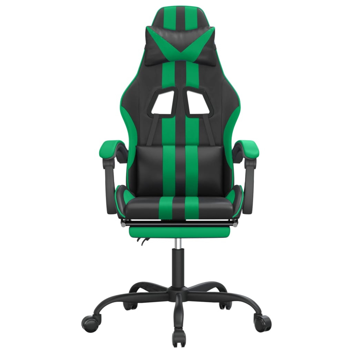 Ein Gaming-Stuhl. Schwarz und grüne Farben. Der Stuhl hat eine Fußstütze.