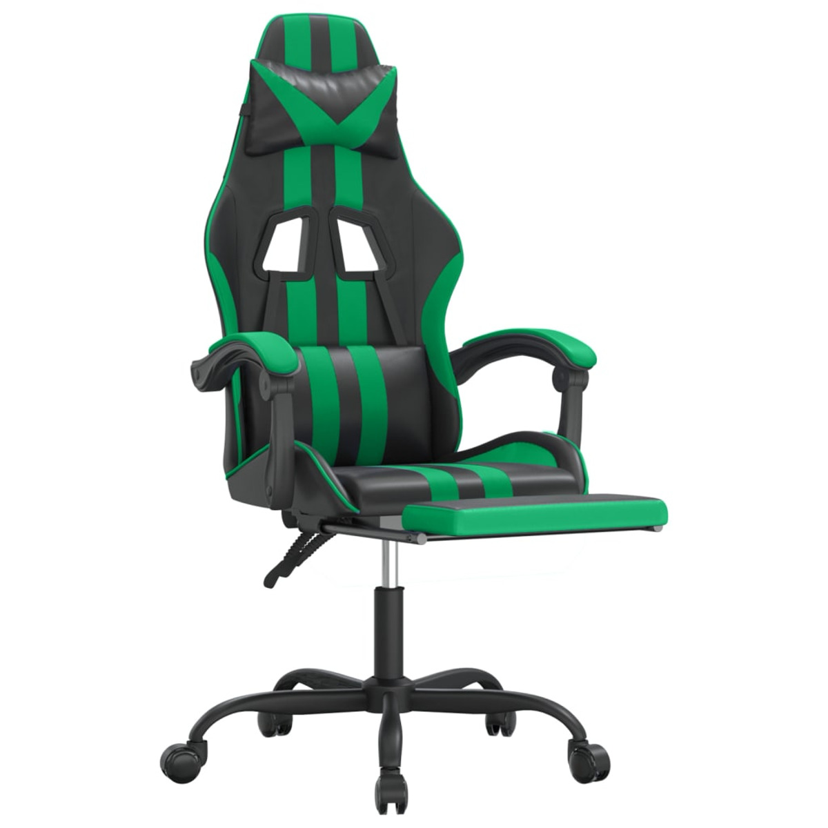 Ein schwarz-grüner Gaming-Stuhl, Fußstütze ausgefahren, auf weißem Hintergrund.