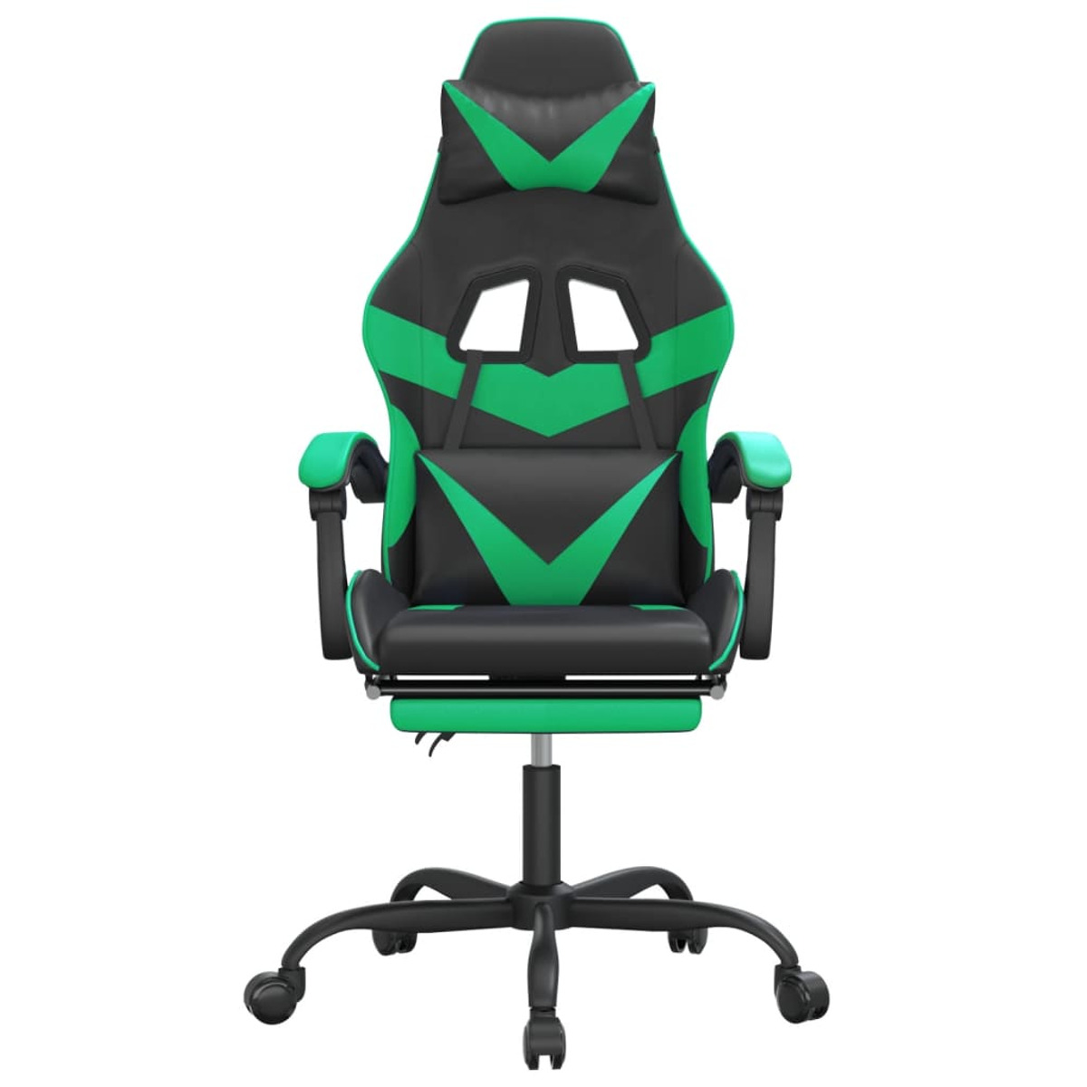 Ein schwarz-grüner Gaming-Stuhl. Die Ansicht von vorne zeigt das Sitz- und Rückenlehnen-Design.