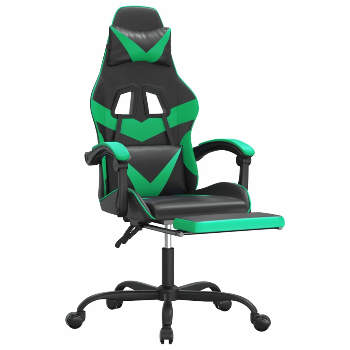 Ein grün-schwarzer Gaming-Stuhl mit Fußstütze und Kopfstütze, auf Rollen.