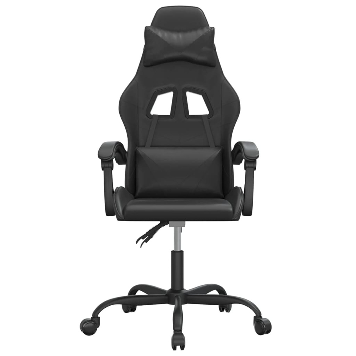 Ein schwarzer Gaming-Stuhl mit Kopfstütze, Lendenwirbelstütze, Armlehnen und Rollen, vor weißem Hintergrund.