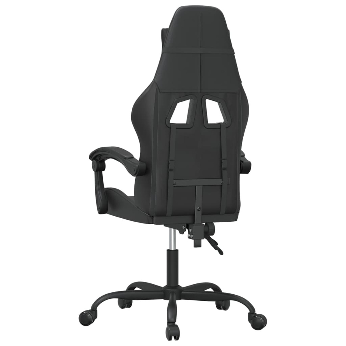 Schwarzer Gaming-Stuhl, Rückansicht. Mit Kopfstütze, Lendenwirbelstütze, Armlehnen und Fünf-Rollen-Basis.