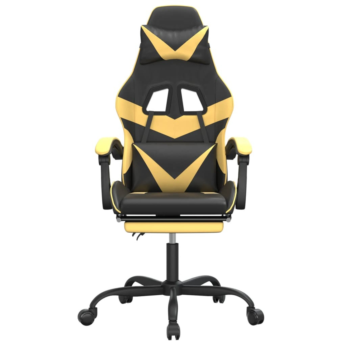 Ein gelb-schwarzer Gaming-Stuhl. Der Stuhl hat eine Kopfstütze, Armlehnen und Räder.