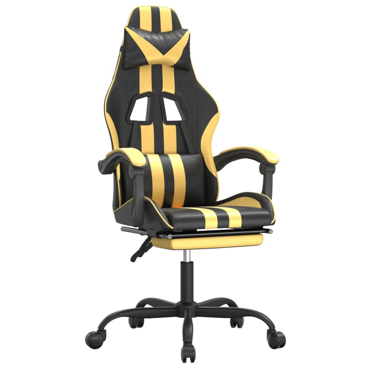 Gaming-Stuhl mit schwarzen und gelben Streifen und einer Kopfstütze. Er hat ein Fünf-Rad-Gestell.