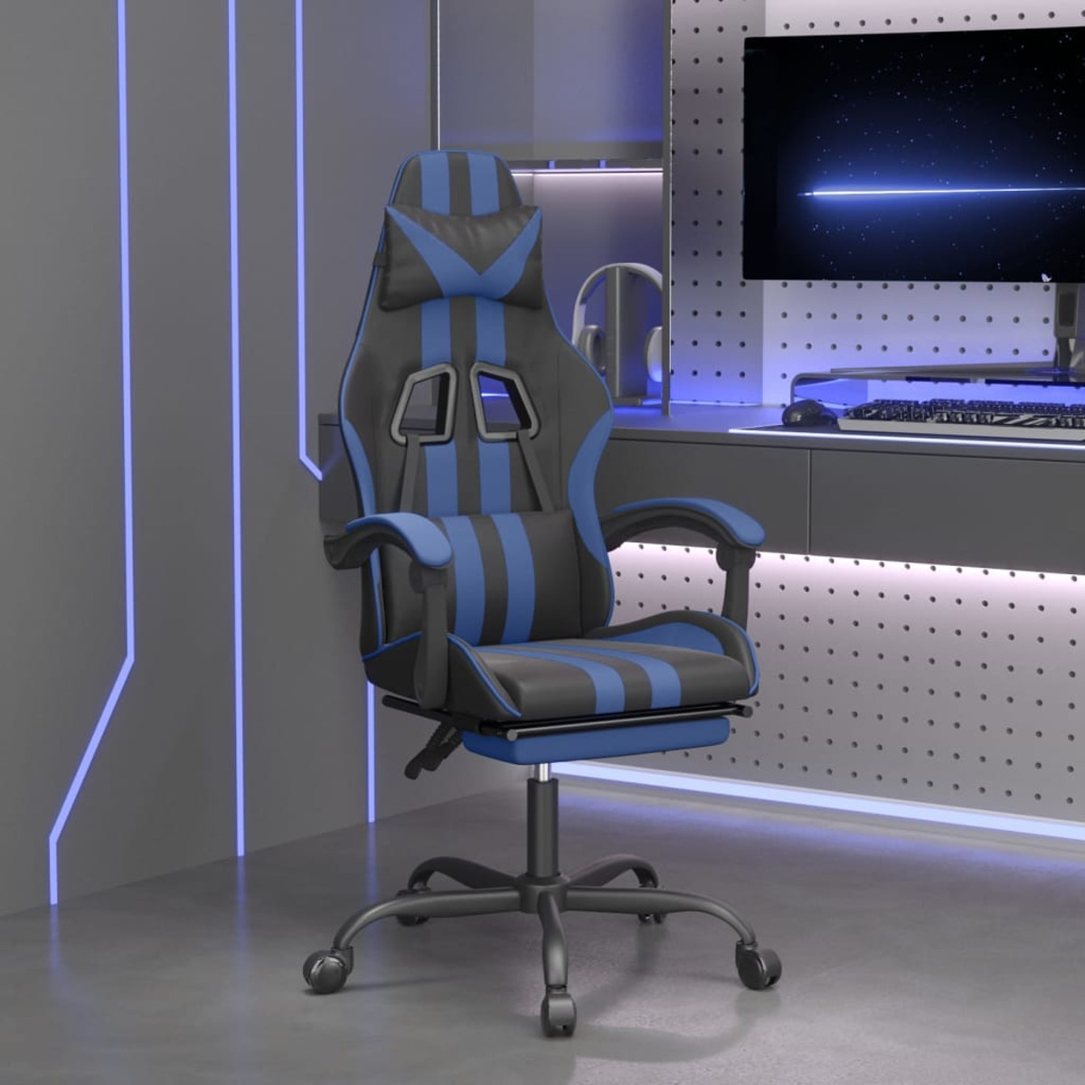 Gaming-Stuhl, schwarz und blau, in einem Raum mit blauer Beleuchtung.
