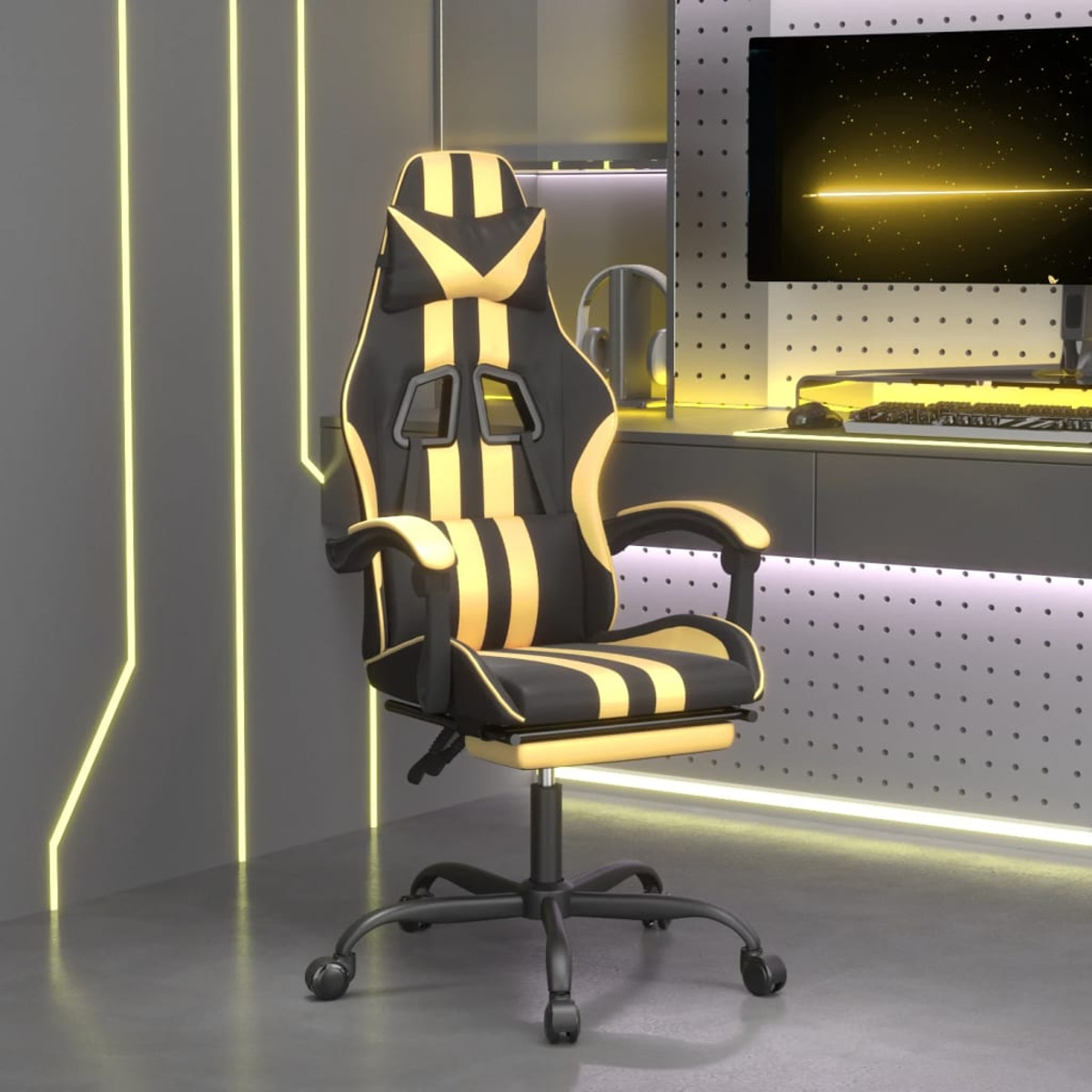 Schwarz-gelber Gaming-Stuhl in einem Raum mit Neonlichtern und Monitor.