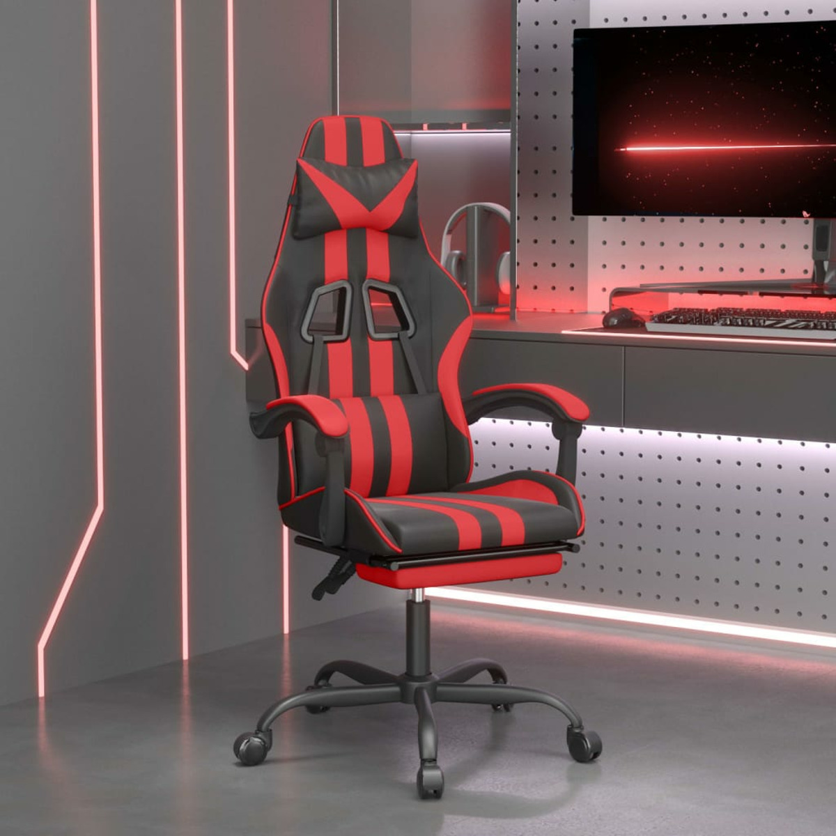 Roter und schwarzer Gaming-Stuhl in einem Raum mit Monitor und Neonlicht.