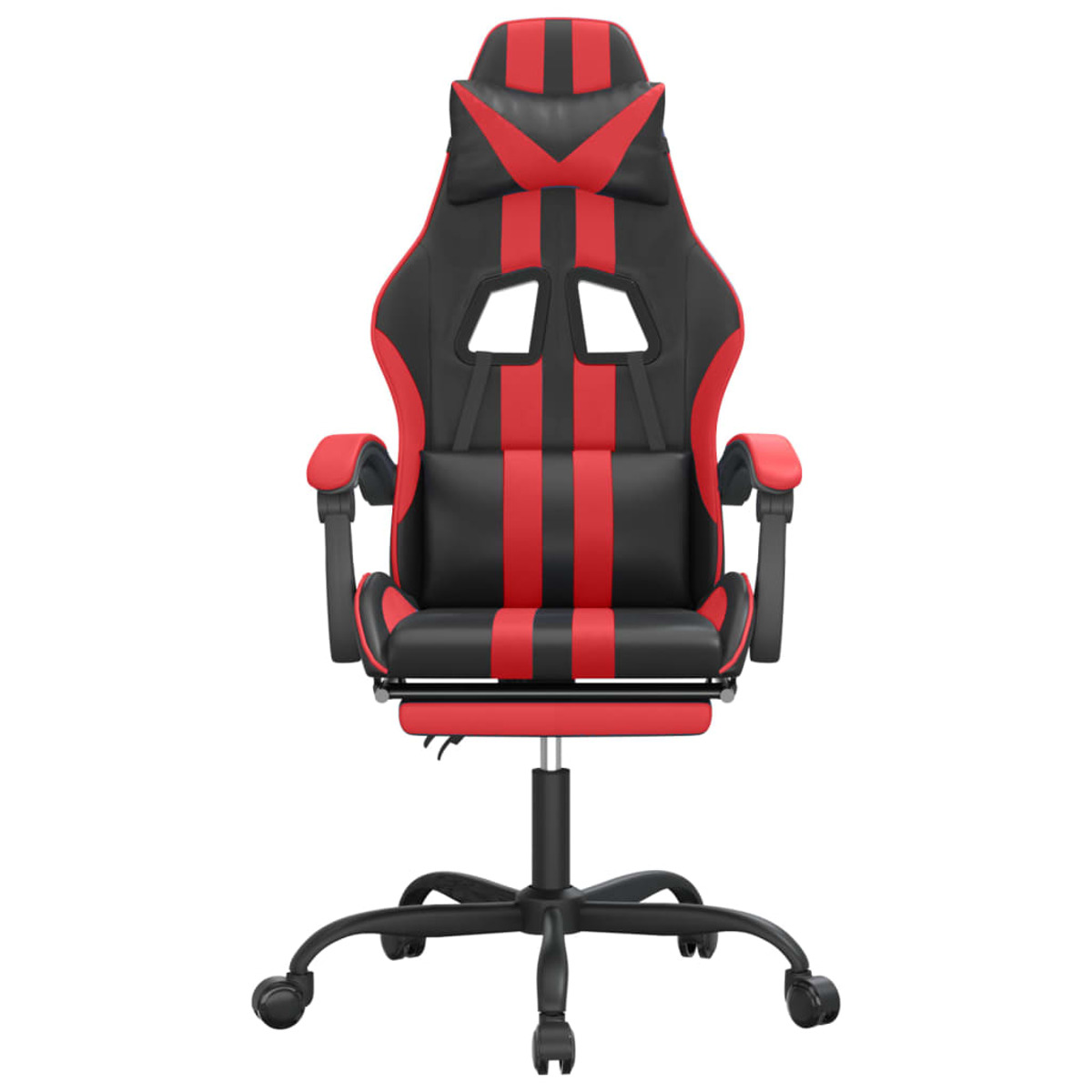 Gaming-Stuhl, Vorderansicht, schwarz-rotes Design mit Fußstütze.